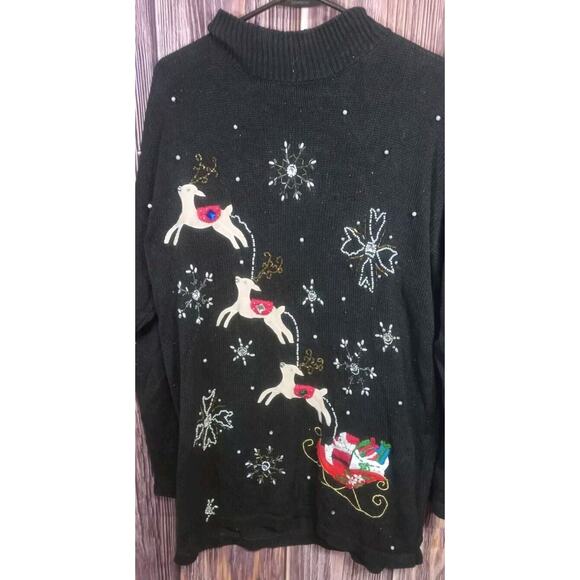 WOMEN'S STUDIO COLLECTION BLACK CHRISTMAS SWEATER SANTA REINDEER L XL - Picture 2 of 3